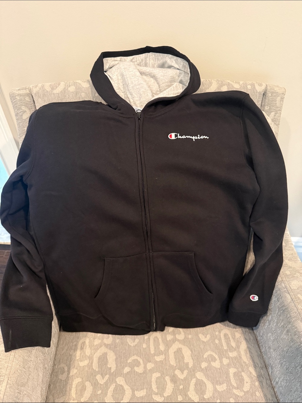 Champion Black Full-Zip Hooded Jacket with Gray Lining